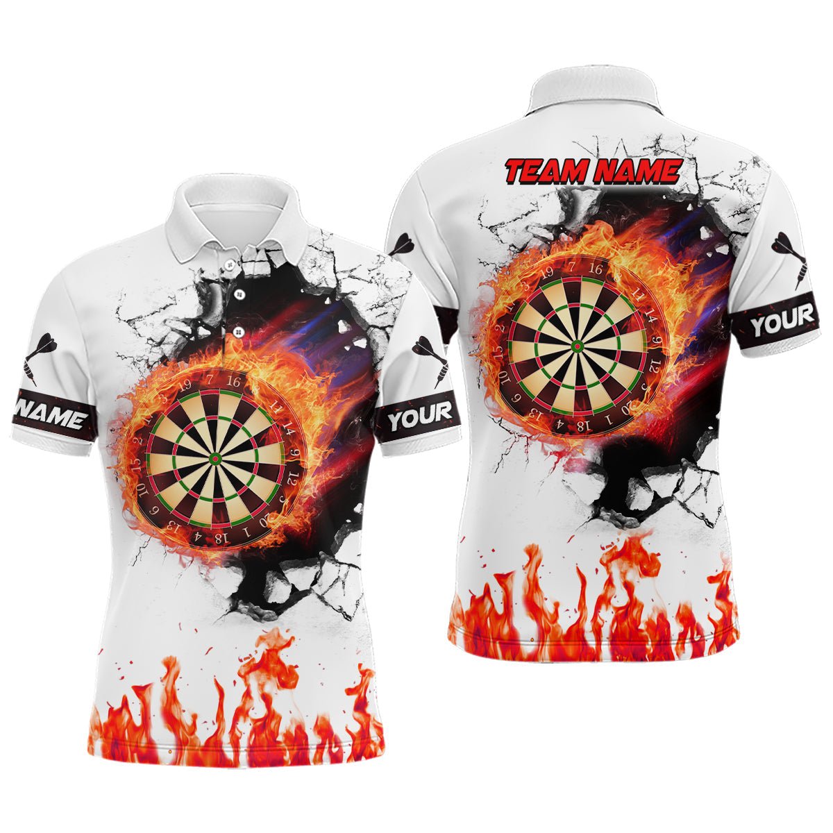 Orangefarbenes Flammen - Dartboard 3D Dart Polo Shirt - Herren individuelles Darts Team Shirt T1391 - Outfitsuche