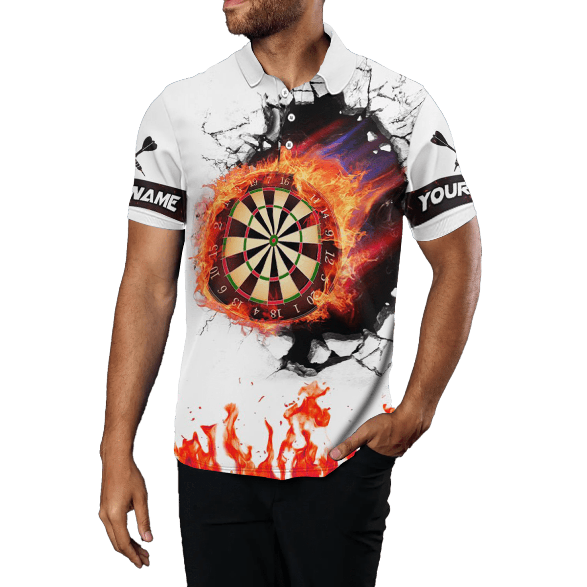 Orangefarbenes Flammen - Dartboard 3D Dart Polo Shirt - Herren individuelles Darts Team Shirt T1391 - Outfitsuche