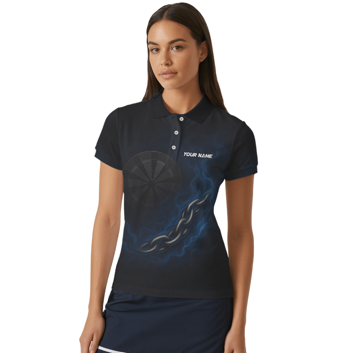 Personalisierbares Damen Poloshirt Schwarz Blau mit Skorpion Kettenpfeil Motiv - Outfitsuche
