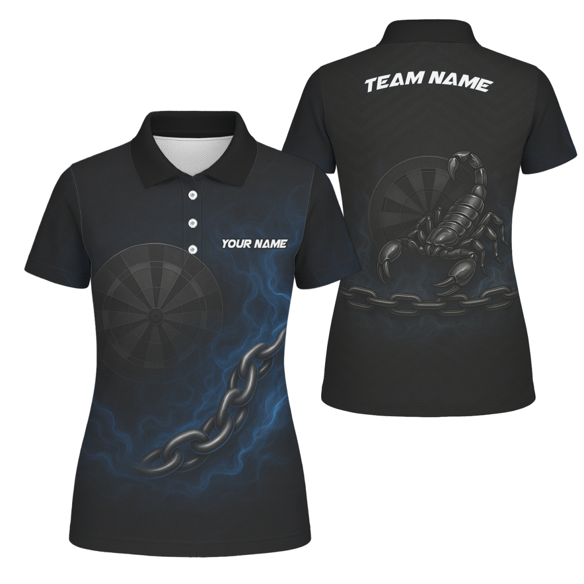 Personalisierbares Damen Poloshirt Schwarz Blau mit Skorpion Kettenpfeil Motiv - Outfitsuche
