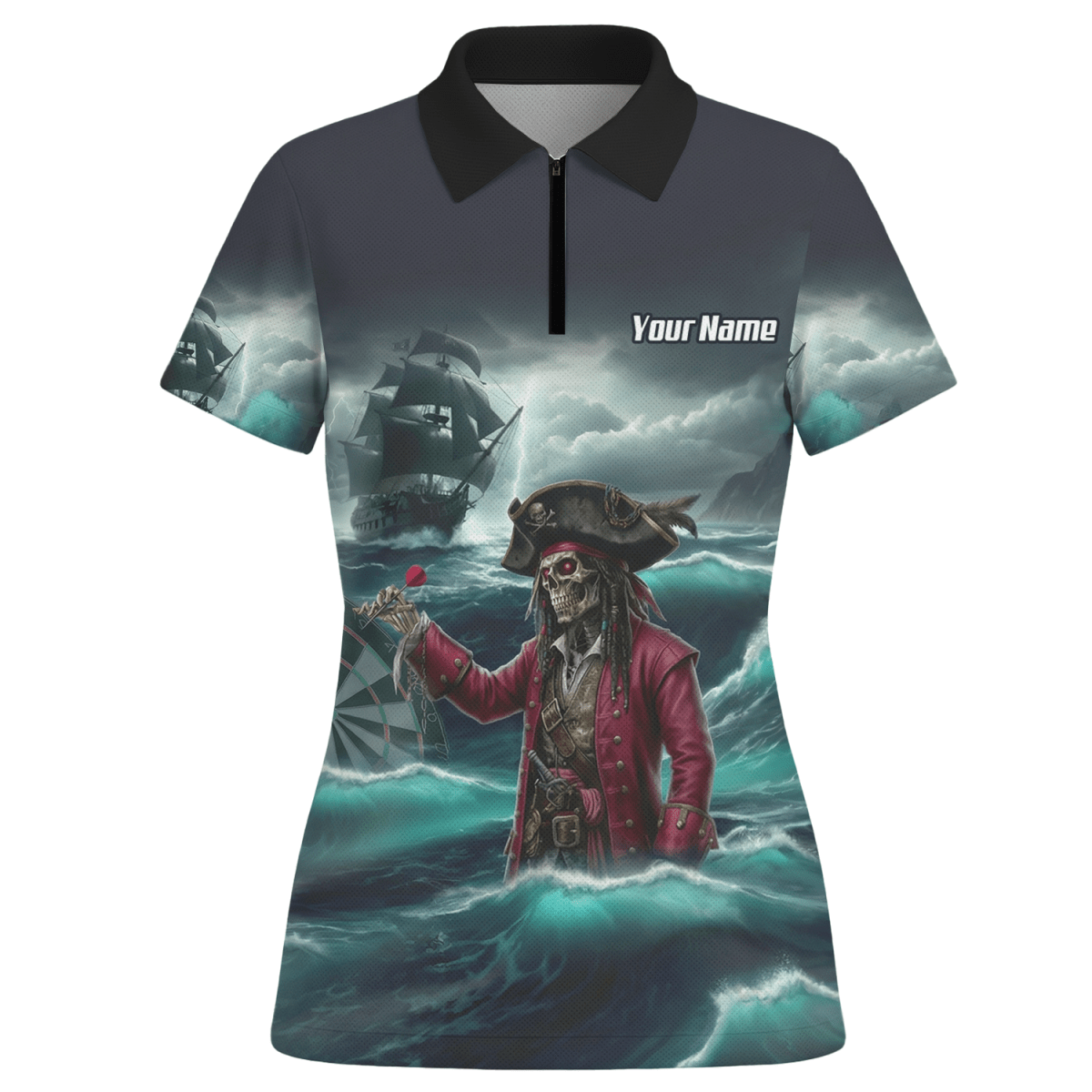 Personalisierbares Piraten - Skelett Dart - Trikot Polo mit Reißverschluss für Damen – Individuelles Geisterschiff Blau - Schwarz L3926 - Outfitsuche
