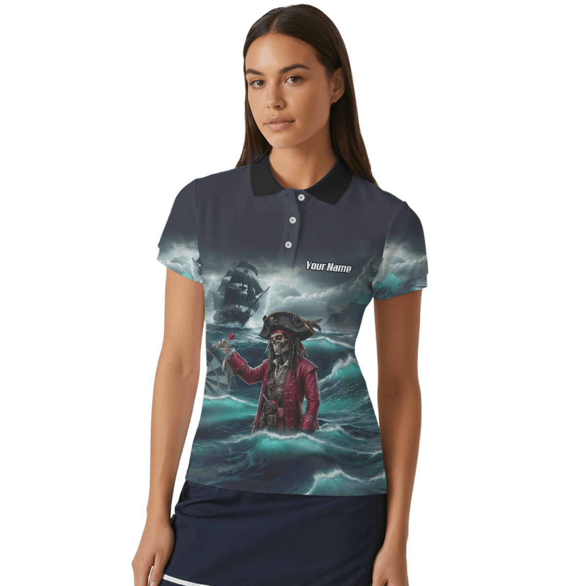 Personalisierbares Piraten - Skelett Dart - Trikot Polo mit Reißverschluss für Damen – Individuelles Geisterschiff Blau - Schwarz L3926 - Outfitsuche