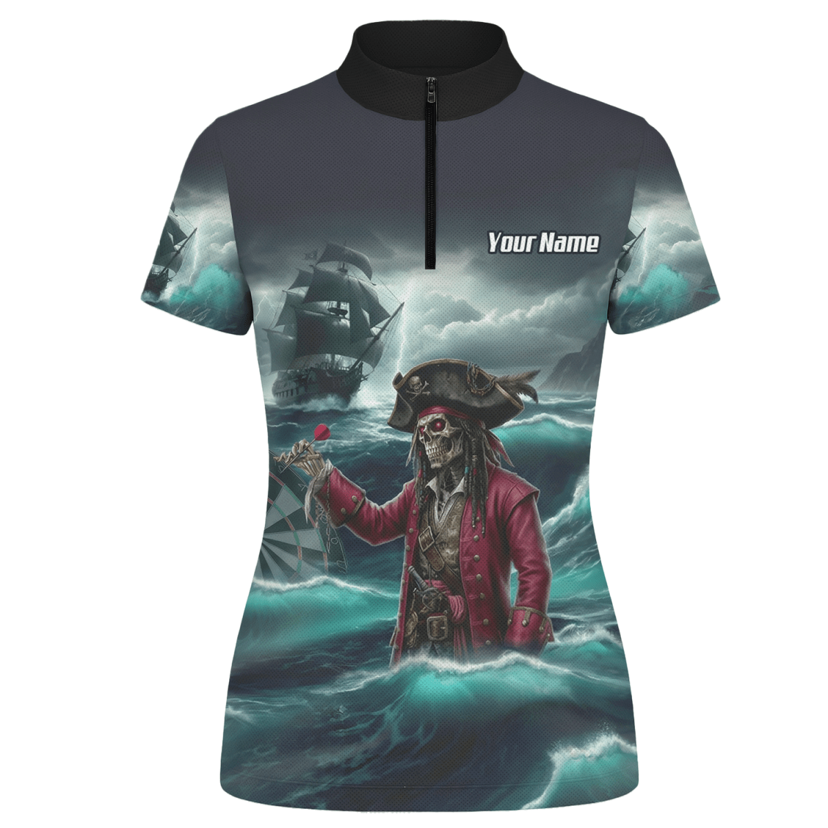Personalisierbares Piraten - Skelett Dart - Trikot Polo mit Reißverschluss für Damen – Individuelles Geisterschiff Blau - Schwarz L3926 - Outfitsuche