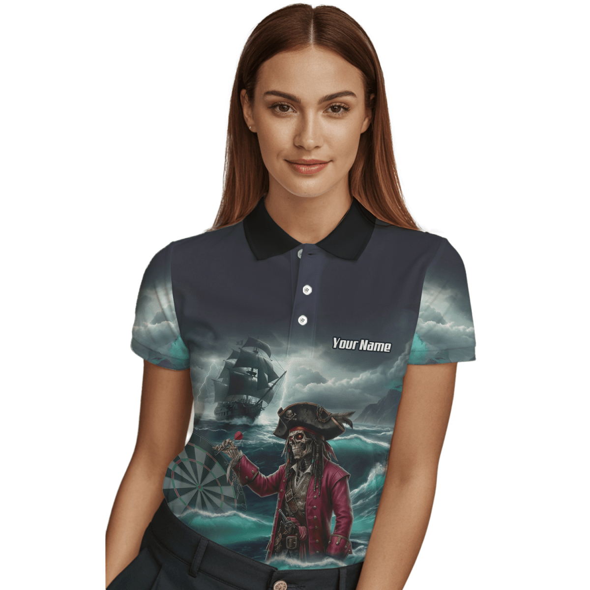 Personalisierbares Piraten - Skelett Dart - Trikot Polo mit Reißverschluss für Damen – Individuelles Geisterschiff Blau - Schwarz L3926 - Outfitsuche