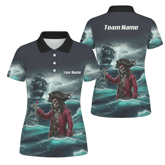 Personalisierbares Piraten - Skelett Dart - Trikot Polo mit Reißverschluss für Damen – Individuelles Geisterschiff Blau - Schwarz L3926 - Outfitsuche