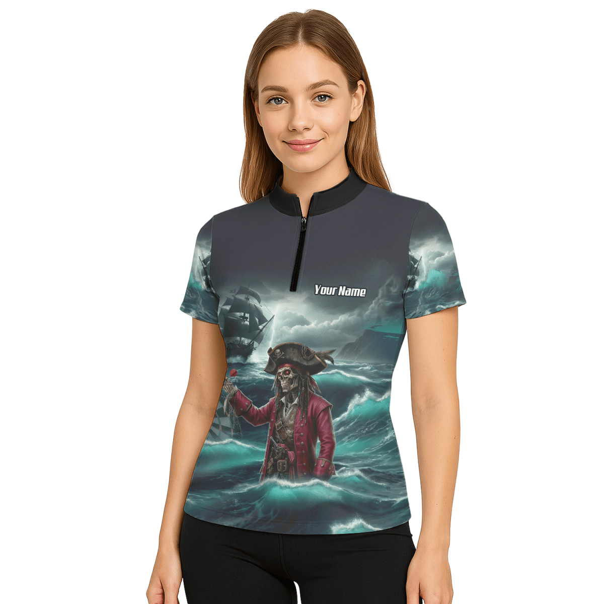 Personalisierbares Piraten - Skelett Dart - Trikot Polo mit Reißverschluss für Damen – Individuelles Geisterschiff Blau - Schwarz L3926 - Outfitsuche