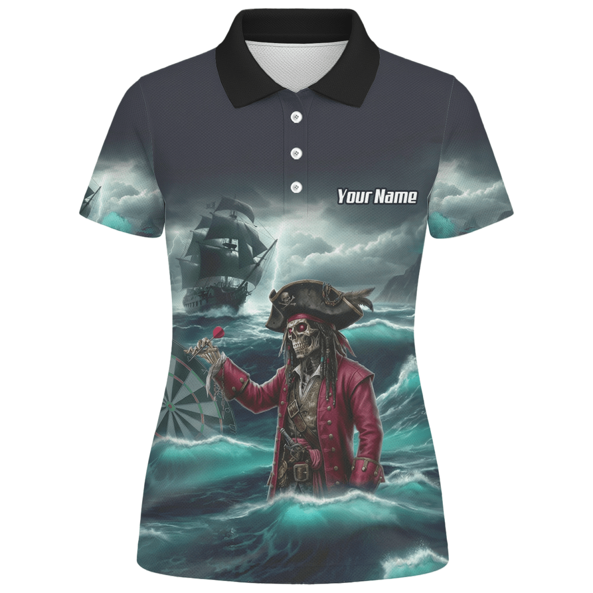 Personalisierbares Piraten - Skelett Dart - Trikot Polo mit Reißverschluss für Damen – Individuelles Geisterschiff Blau - Schwarz L3926 - Outfitsuche