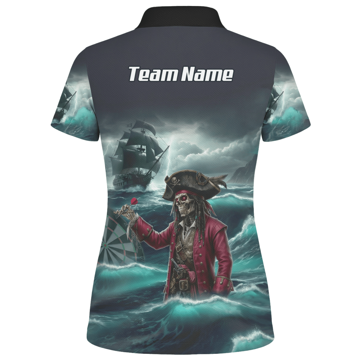 Personalisierbares Piraten - Skelett Dart - Trikot Polo mit Reißverschluss für Damen – Individuelles Geisterschiff Blau - Schwarz L3926 - Outfitsuche