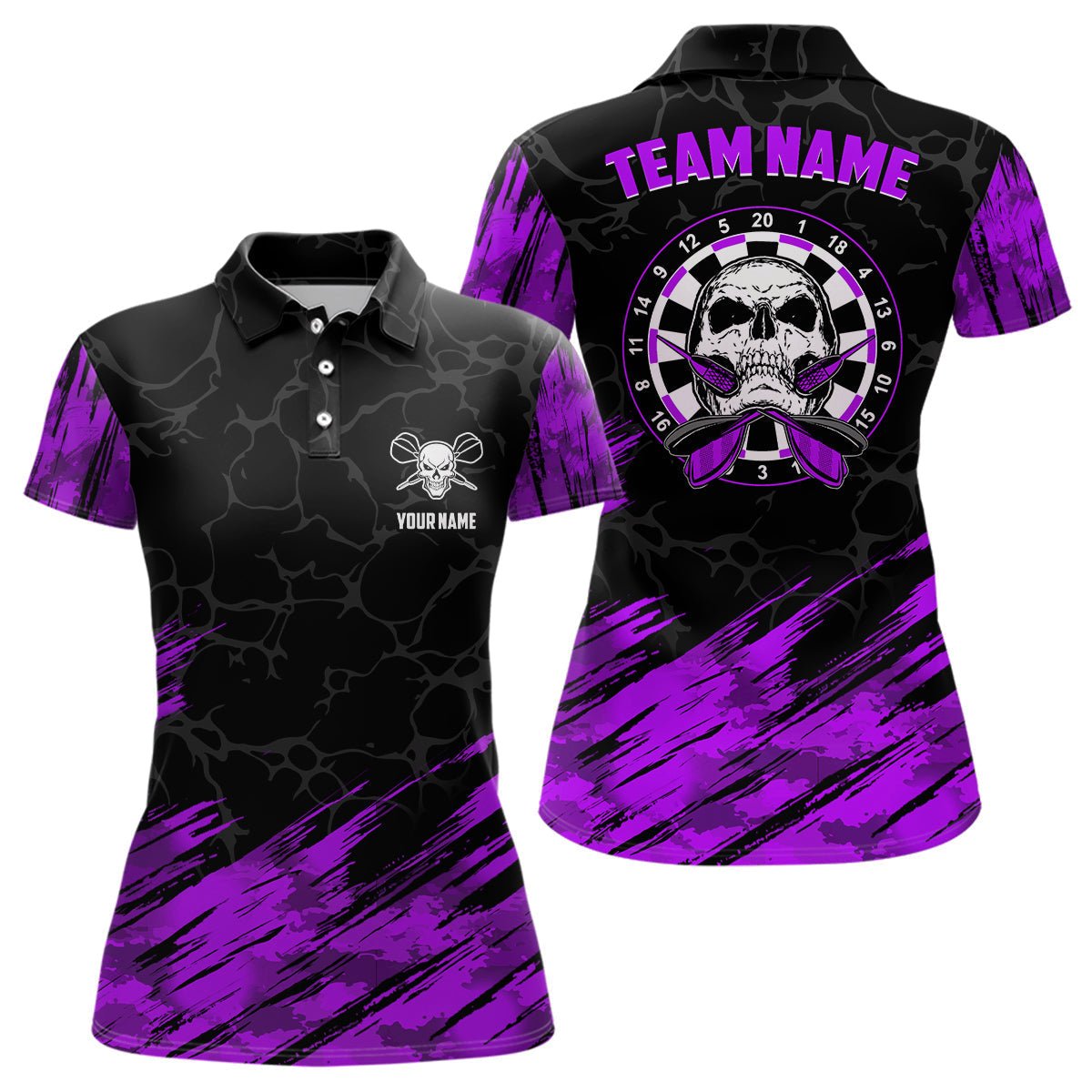 Personalisierte 3D-All-Over-Print Totenkopf Darts Polo Shirt Lila Schwarz Dart Trikots für Damen L1394 - Outfitsuche