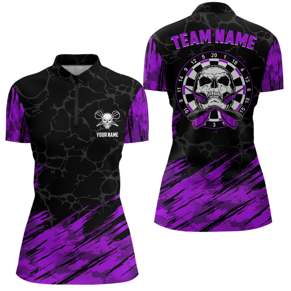 Personalisierte All-Over-Print Totenkopf Darts Viertelreißverschluss-Shirt Lila Schwarz Damen Dart Trikots L1394 - Outfitsuche