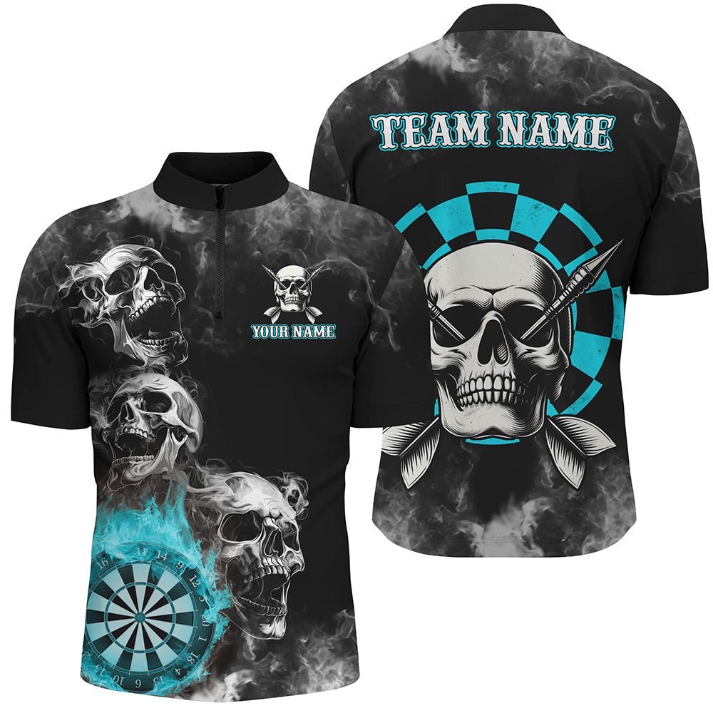 Personalisierte Blaue Darts Rauch Skull Dartshirts Individuelle Dartscheibe Feuerflamme Dart - Team - Jersey T3133 - Outfitsuche