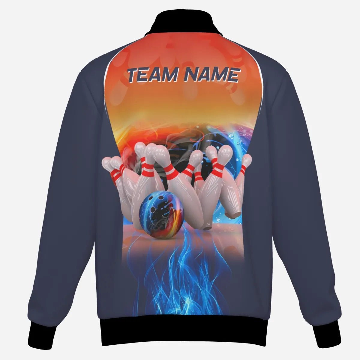 Personalisierte Bowling - Polo - Jacke für Herren mit individuellem Namen - Blau, Feuerdesign, Bowling Strike Ball und Pins Herren Bowling - Jacket Q4813J - Outfitsuche
