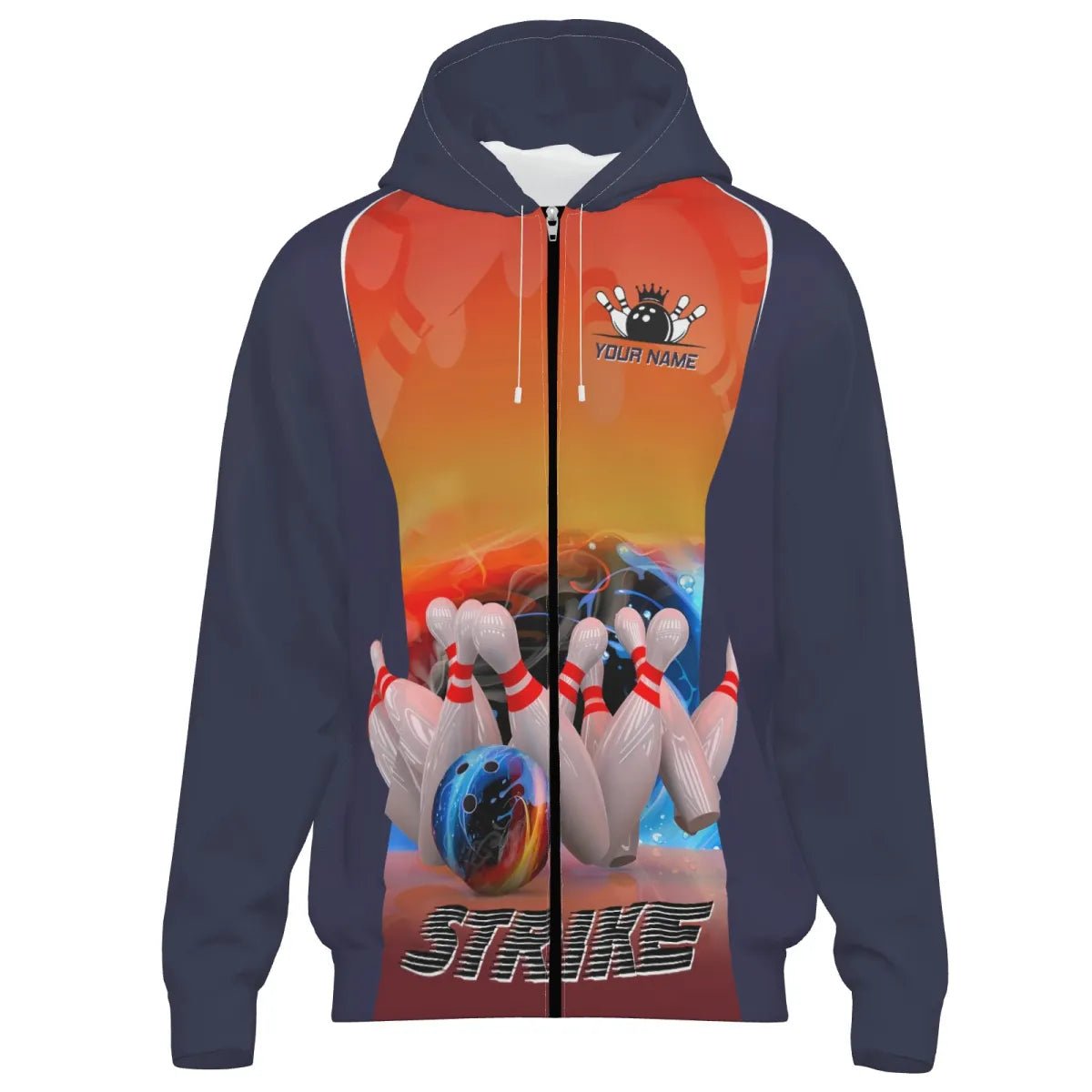 Personalisierte Bowling - Polo - Jacke für Herren mit individuellem Namen - Blau, Feuerdesign, Bowling Strike Ball und Pins Herren Bowling - Jacket Q4813J - Outfitsuche