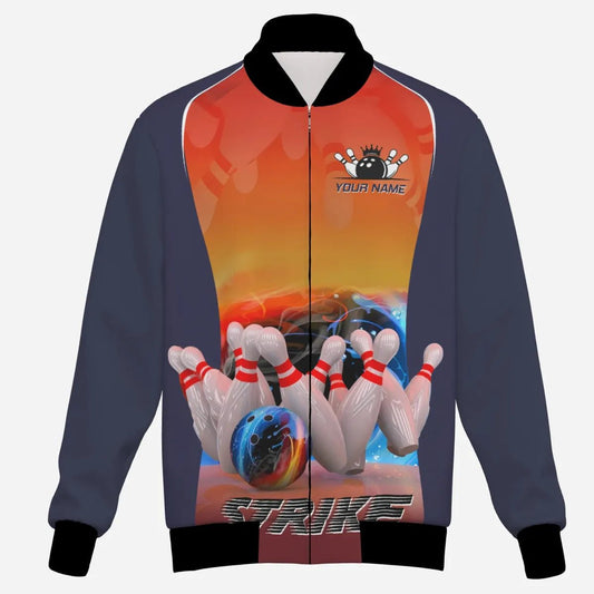 Personalisierte Bowling - Polo - Jacke für Herren mit individuellem Namen - Blau, Feuerdesign, Bowling Strike Ball und Pins Herren Bowling - Jacket Q4813J - Outfitsuche