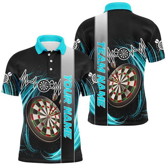 Personalisierte Cyanfarbene Dartscheibe mit Herzschlaglinie – Dartshirts für Männer, individuelle Dart - Trikots für Team - Uniformen T3023 - Outfitsuche