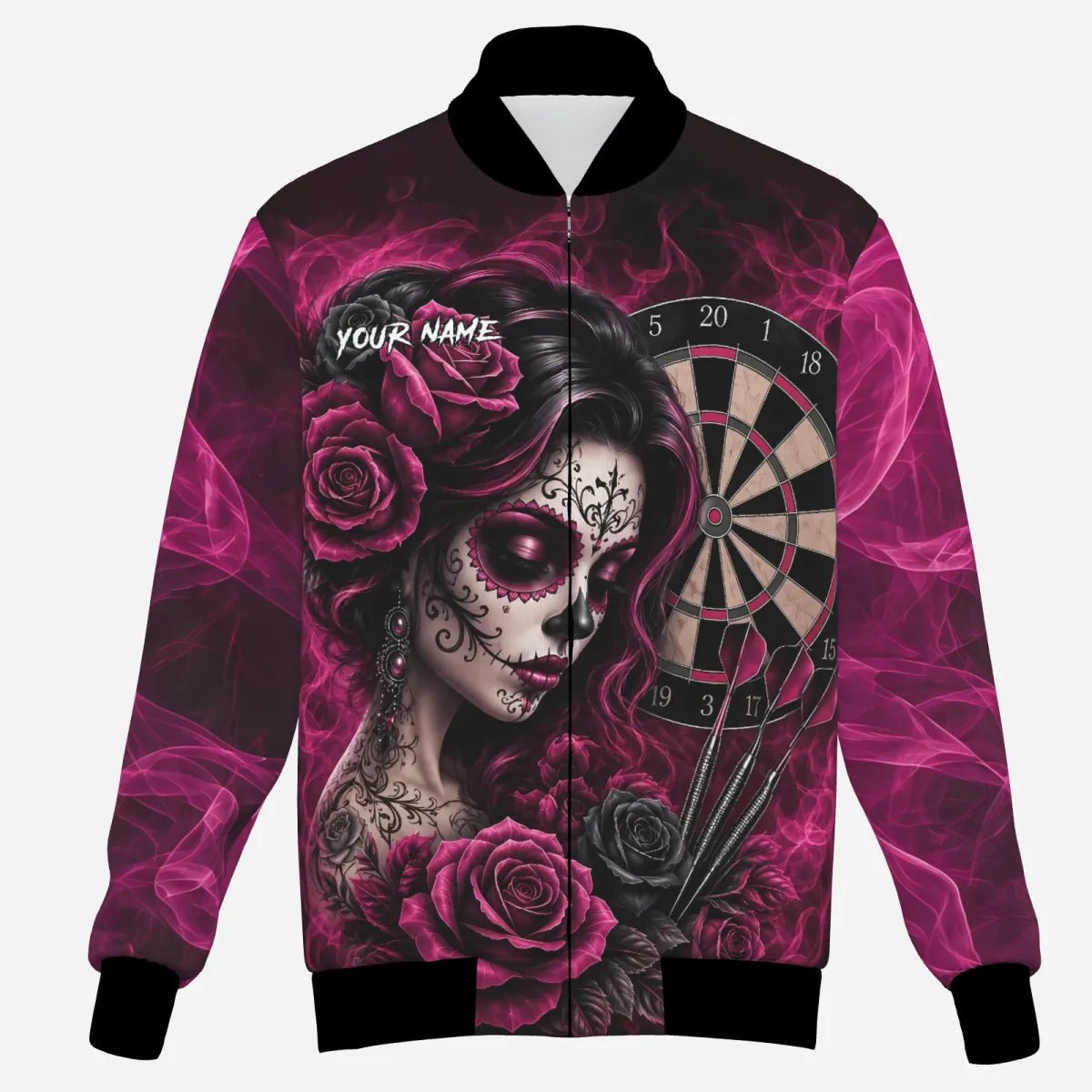Personalisierte Dart Jacke Schwarz-pink Sugar-Skull-Rosen Z109 - Outfitsuche