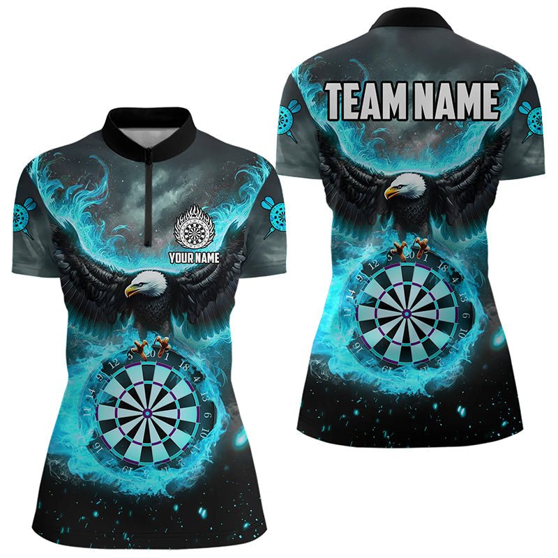 Personalisierte Dart Polo Shirt mit blau - cyanem Feuerflammen - Eagle 3D Design, Darts Liga Team Shirt T3220 - Outfitsuche