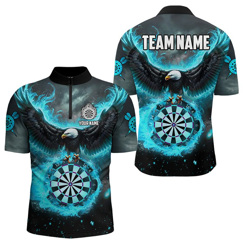 Personalisierte Dart Polo Shirt mit blau - cyanem Feuerflammen - Eagle 3D Design, Darts Liga Team Shirt T3220 - Outfitsuche