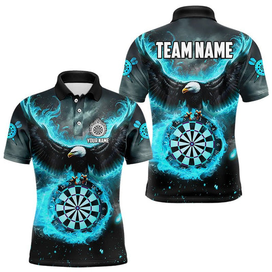 Personalisierte Dart Polo Shirt mit blau - cyanem Feuerflammen - Eagle 3D Design, Darts Liga Team Shirt T3220 - Outfitsuche