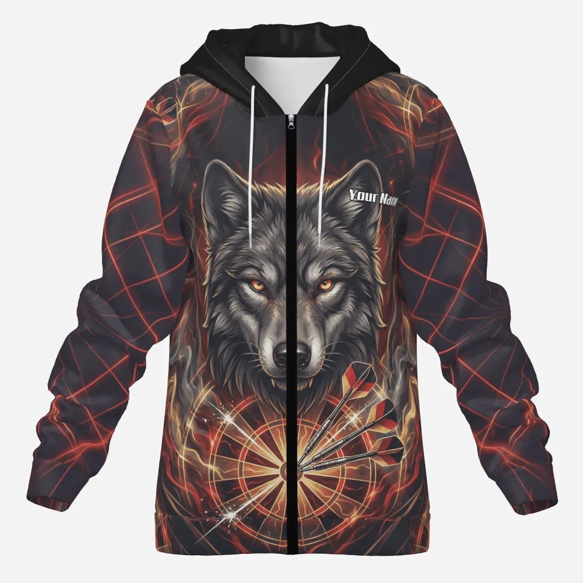 Personalisierte Darts Jacke - Wolf & Dartboard Motiv Schwarz Rot Flammen X2698 - Outfitsuche