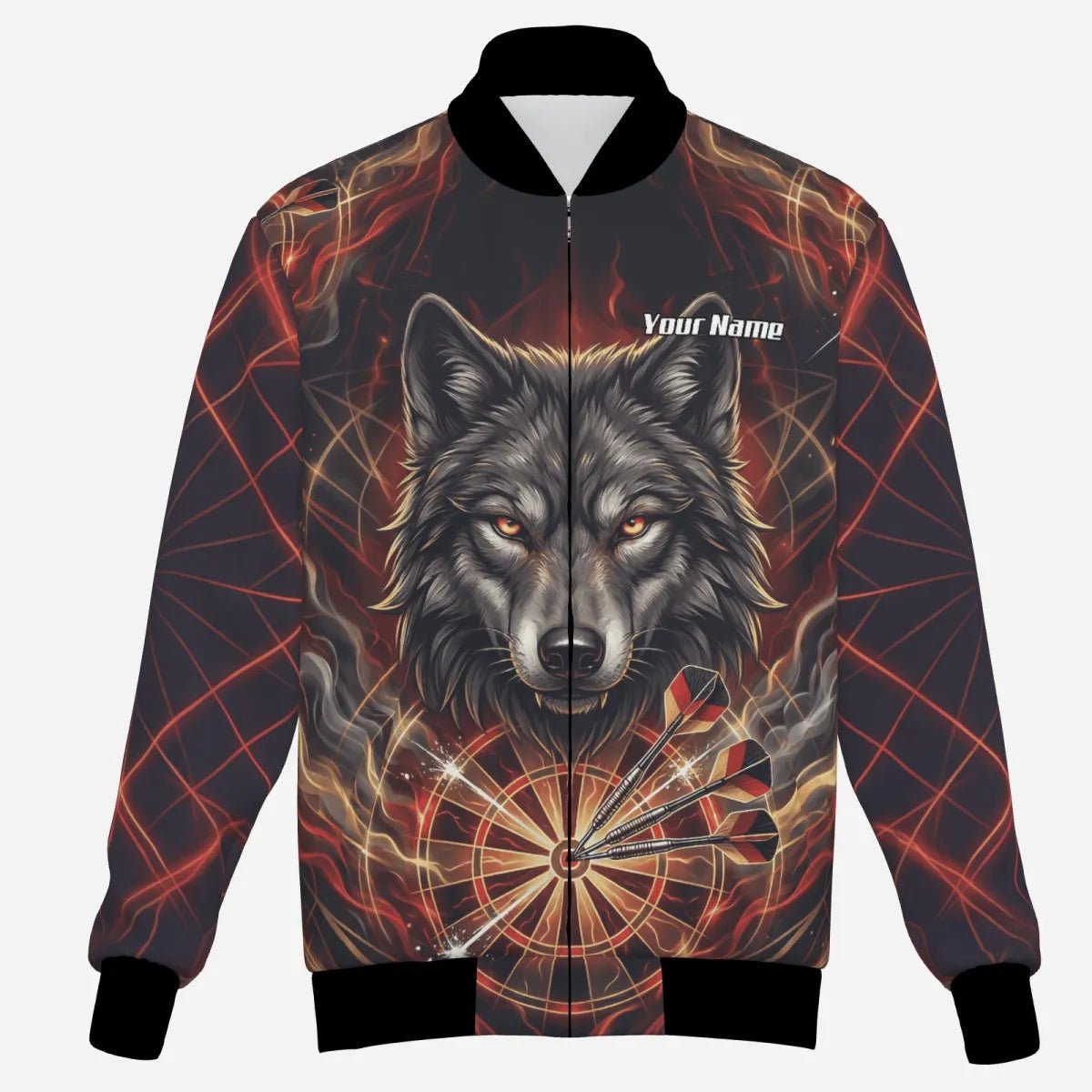 Personalisierte Darts Jacke - Wolf & Dartboard Motiv Schwarz Rot Flammen X2698 - Outfitsuche
