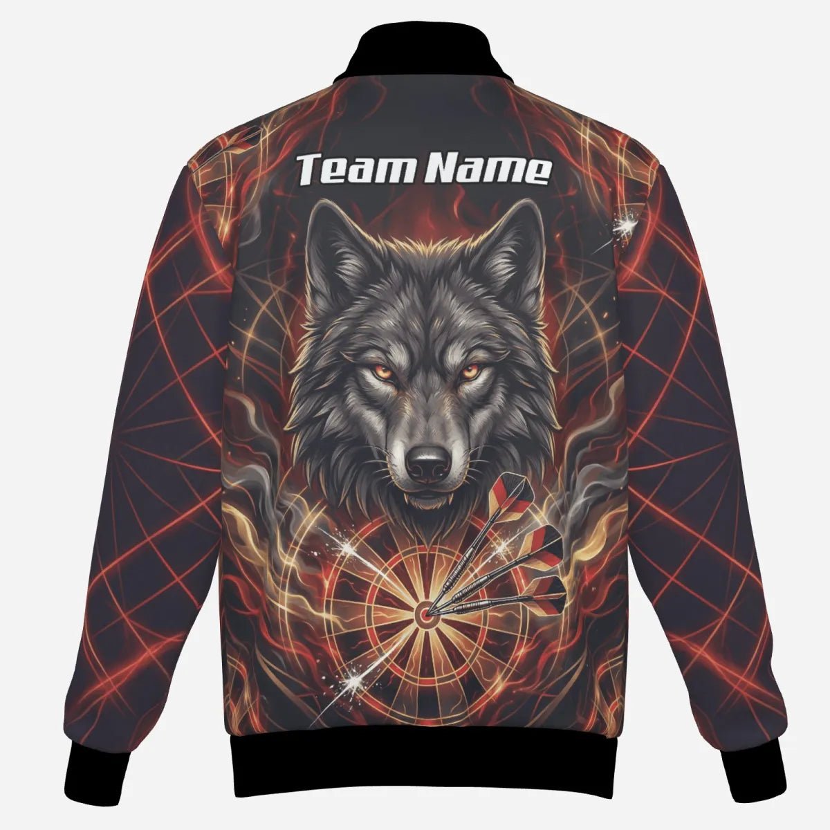 Personalisierte Darts Jacke - Wolf & Dartboard Motiv Schwarz Rot Flammen X2698 - Outfitsuche