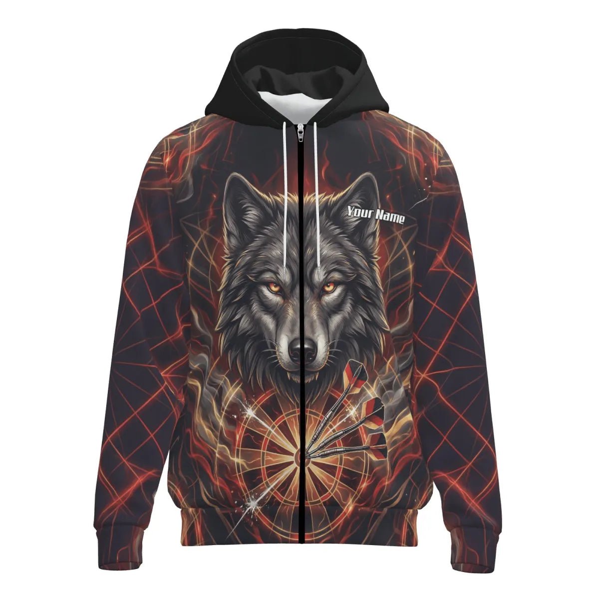Personalisierte Darts Jacke - Wolf & Dartboard Motiv Schwarz Rot Flammen X2698 - Outfitsuche