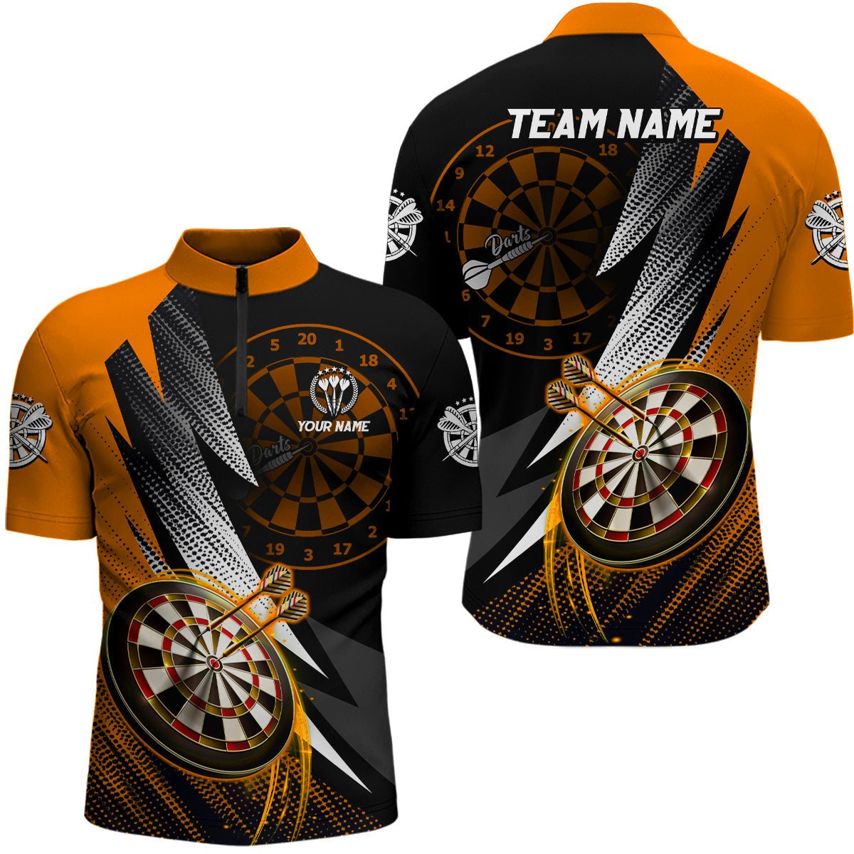 Personalisierte Darts Poloshirts in Orange und Schwarz & 1/4 Zip Hemden – Individuelle Darts Trikots für Herren T3015 - Outfitsuche