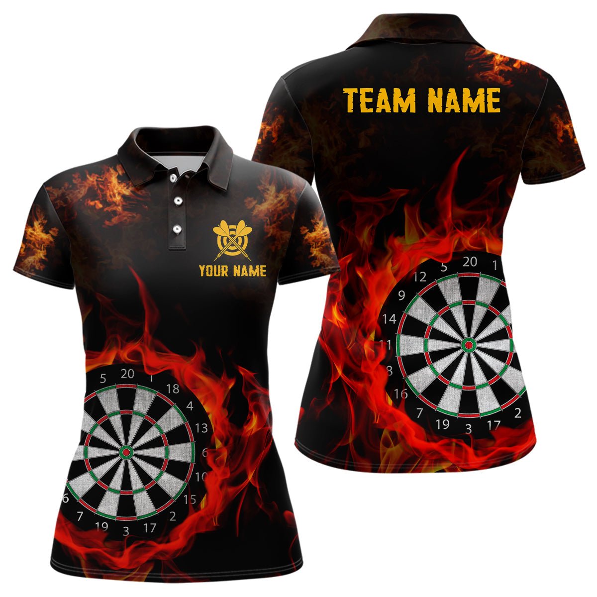 Personalisierte Feuerflamme Dartboard Damen Darts Polo Shirts | Maßgeschneiderte Darts Shirts für Team Dart Trikots T1226 - Outfitsuche