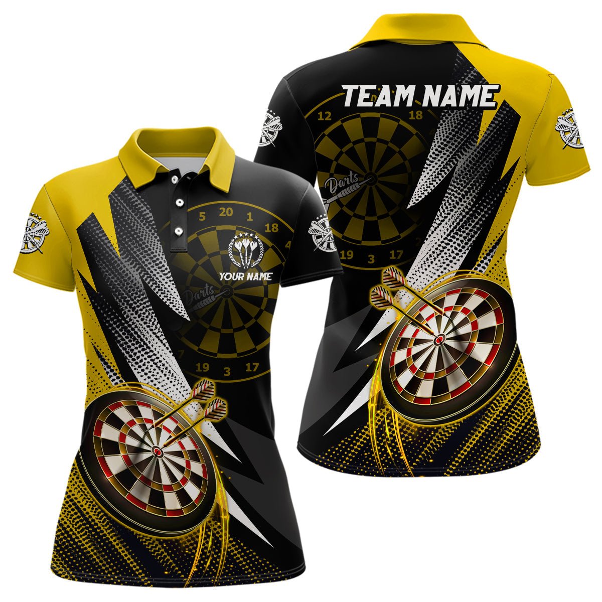 Personalisierte Gelb-Schwarze Damen Darts Polo Shirt | Maßgeschneidertes Darts Shirt für Damen | Team Trikots | L1325 - Outfitsuche