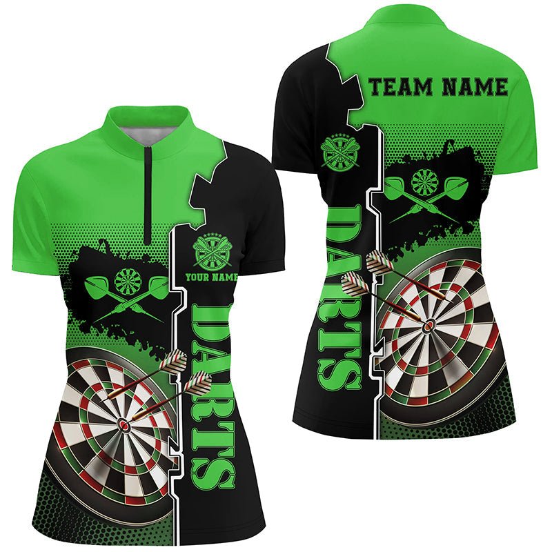 Personalisierte Grüne Schwarze Darts Viertel-Zip-Shirt | Maßgeschneidertes Darts-Shirt für Damen | Darts Trikot L1448 - Outfitsuche