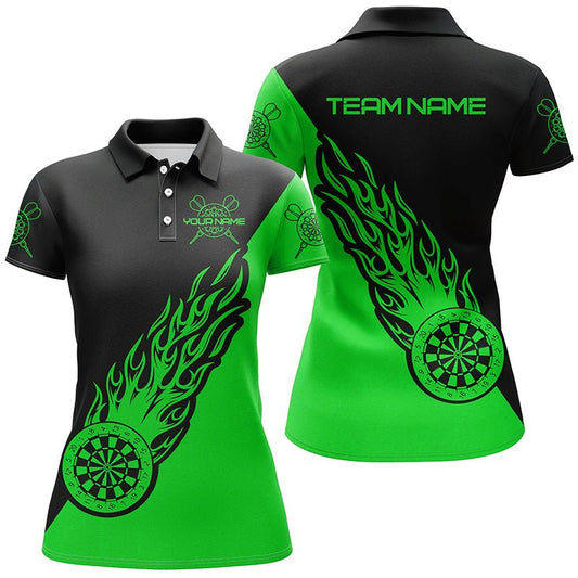 Personalisierte Grüne Schwarze Flammen Damen Darts Polo Shirt - Damen Darts Shirt - Dart Trikots L1343 - Outfitsuche