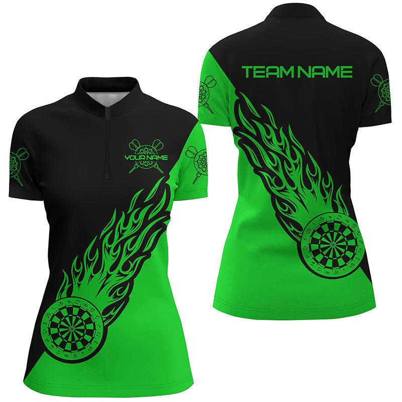 Personalisierte Grüne Schwarze Flammen Darts Viertelreißverschluss-Shirt für Damen - Dart Trikot L1343 - Outfitsuche