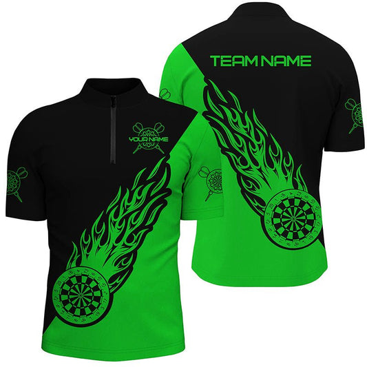 Personalisierte Grüne Schwarze Flammen Darts Viertelreißverschluss-Shirt für Herren - Dart Trikot L1343 - Outfitsuche