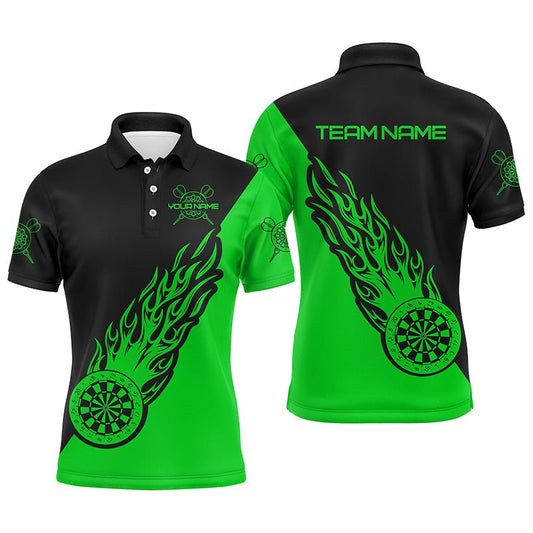 Personalisierte Grüne Schwarze Flammen Herren Darts Polo Shirt - Dartshirt für Männer - Dart Trikots L1343 - Outfitsuche