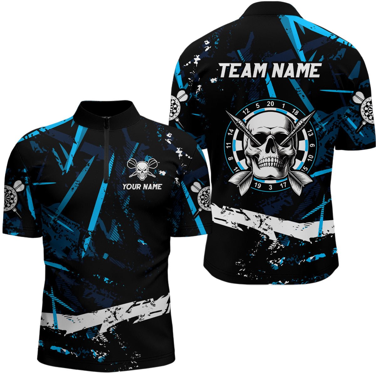 Personalisierte Grunge Schwarz Blau Abstrakt Totenkopf Dart Poloshirts für Darts - Teams T3245 - Outfitsuche