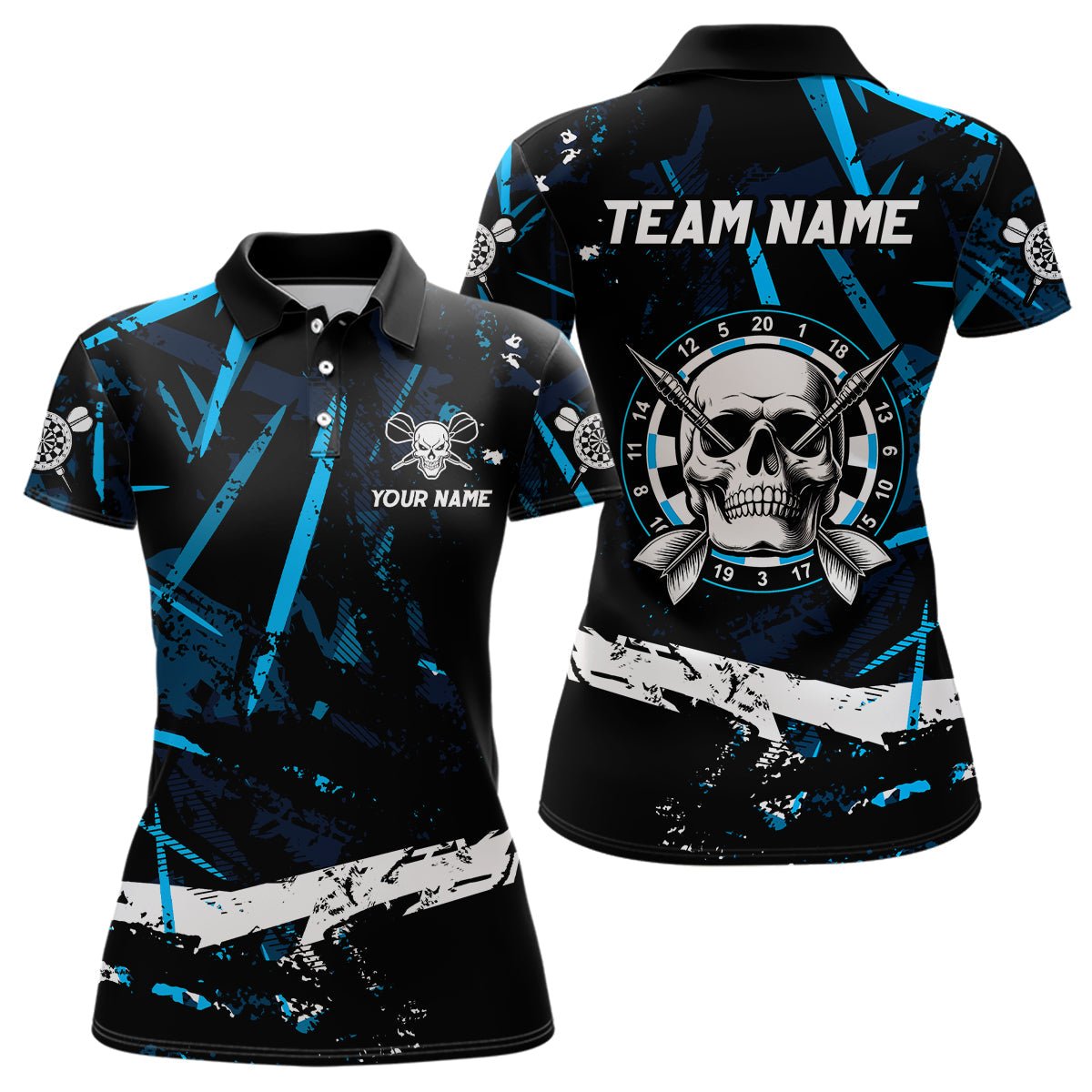Personalisierte Grunge Schwarz Blau Abstrakt Totenkopf Dart Poloshirts für Darts - Teams T3245 - Outfitsuche
