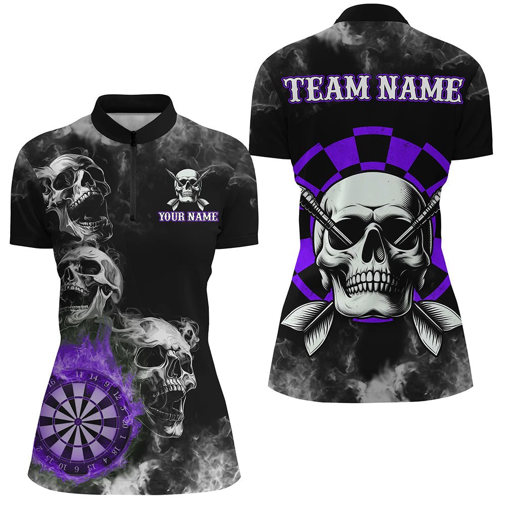Personalisierte Lila Darts Rauch Skull Dart Shirt Individuelles Dartbrett Feuerflamme Dart Team Jersey T3135 - Outfitsuche