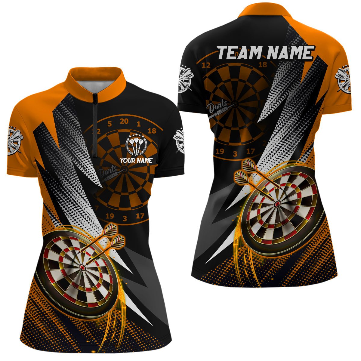 Personalisierte Polo - und 1/4 - Zip - Shirts in Orange und Schwarz für Damen – Individuelle Darts - Jerseys T3015 - Outfitsuche