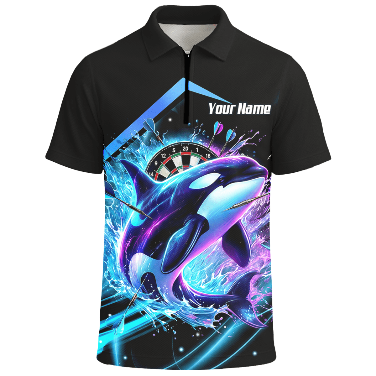 Personalisierte schwarze 3D - Orca - Darttrikot – Neon - Wellen - Design mit Namens - & Team - Personalisierung TH9379 - Outfitsuche