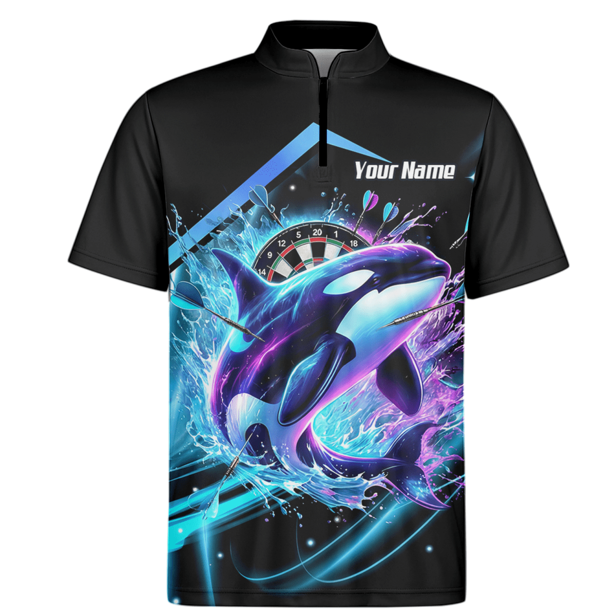 Personalisierte schwarze 3D - Orca - Darttrikot – Neon - Wellen - Design mit Namens - & Team - Personalisierung TH9379 - Outfitsuche