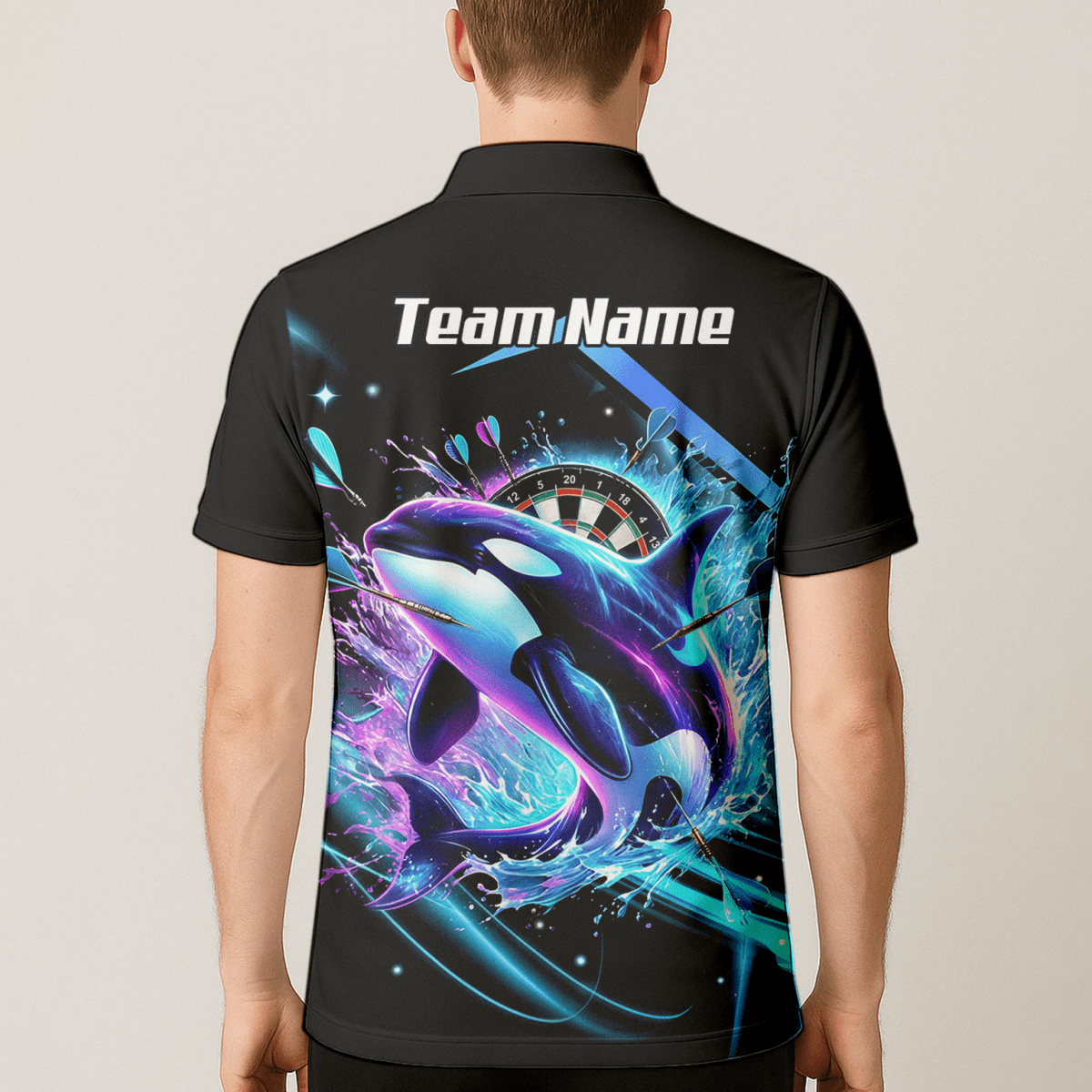 Personalisierte schwarze 3D - Orca - Darttrikot – Neon - Wellen - Design mit Namens - & Team - Personalisierung TH9379 - Outfitsuche