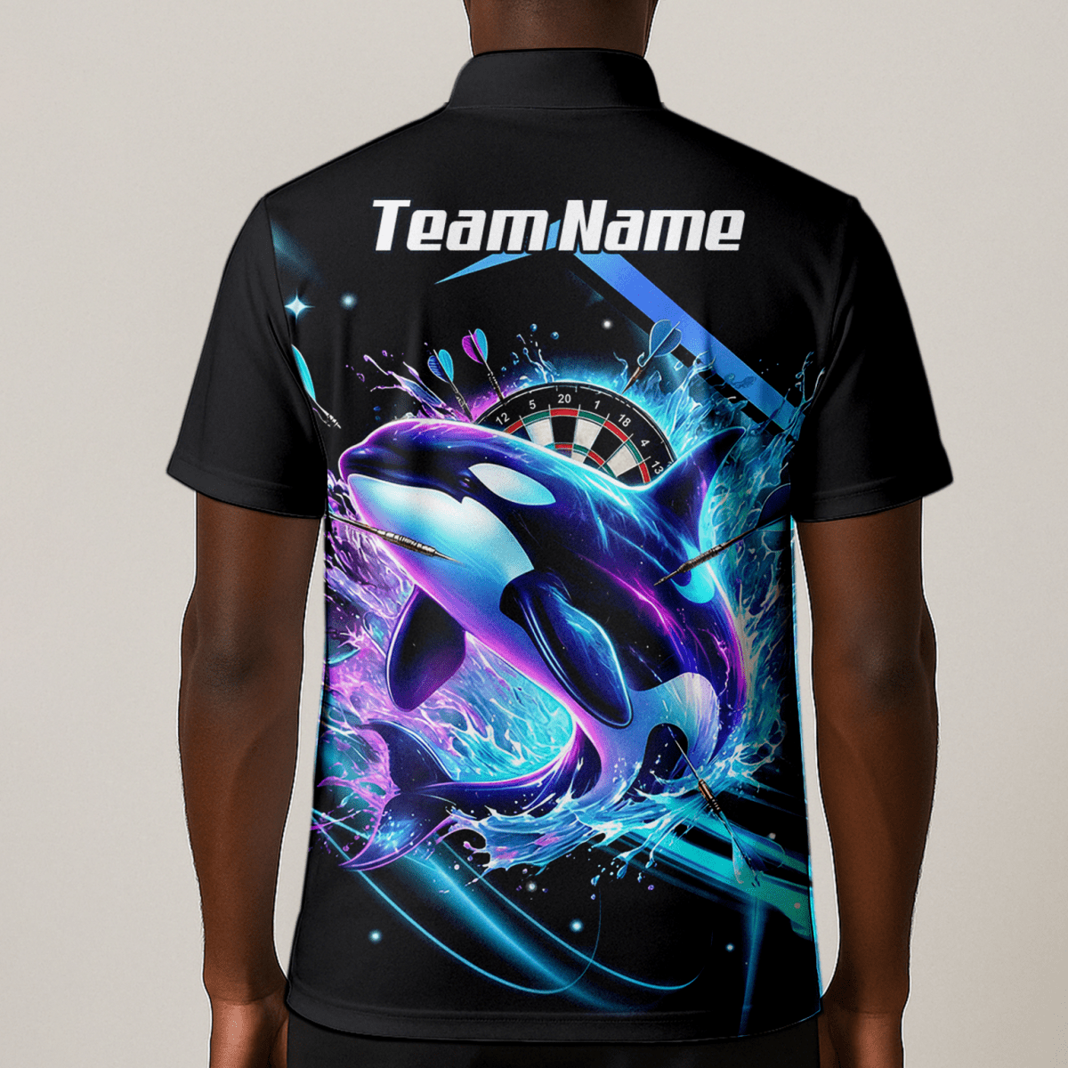 Personalisierte schwarze 3D - Orca - Darttrikot – Neon - Wellen - Design mit Namens - & Team - Personalisierung TH9379 - Outfitsuche