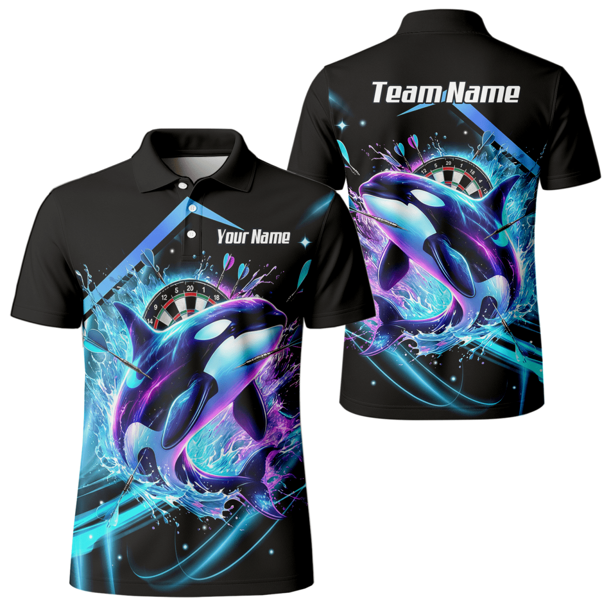 Personalisierte schwarze 3D - Orca - Darttrikot – Neon - Wellen - Design mit Namens - & Team - Personalisierung TH9379 - Outfitsuche