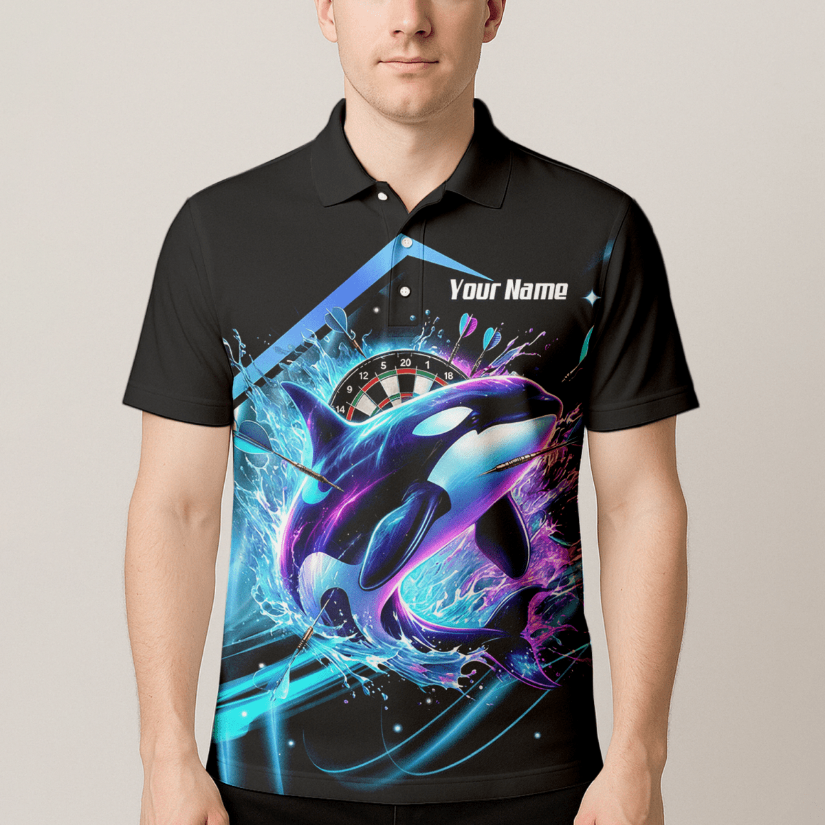 Personalisierte schwarze 3D - Orca - Darttrikot – Neon - Wellen - Design mit Namens - & Team - Personalisierung TH9379 - Outfitsuche