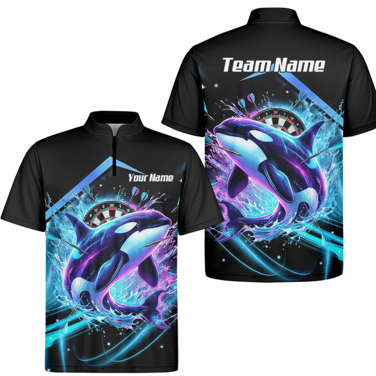 Personalisierte schwarze 3D - Orca - Darttrikot – Neon - Wellen - Design mit Namens - & Team - Personalisierung TH9379 - Outfitsuche