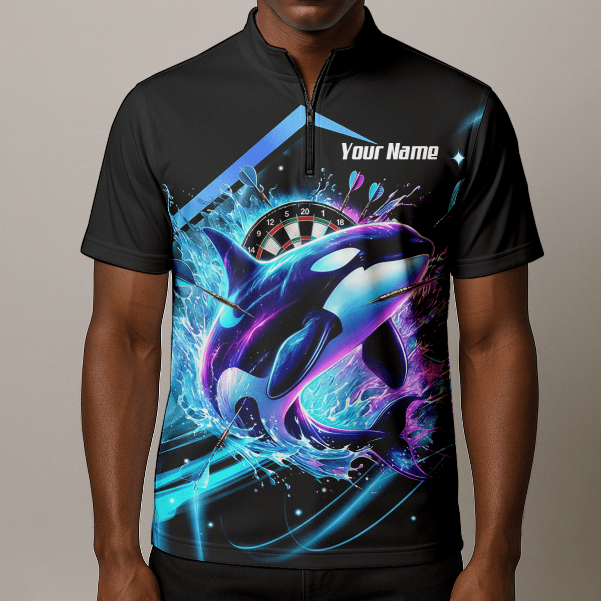 Personalisierte schwarze 3D - Orca - Darttrikot – Neon - Wellen - Design mit Namens - & Team - Personalisierung TH9379 - Outfitsuche