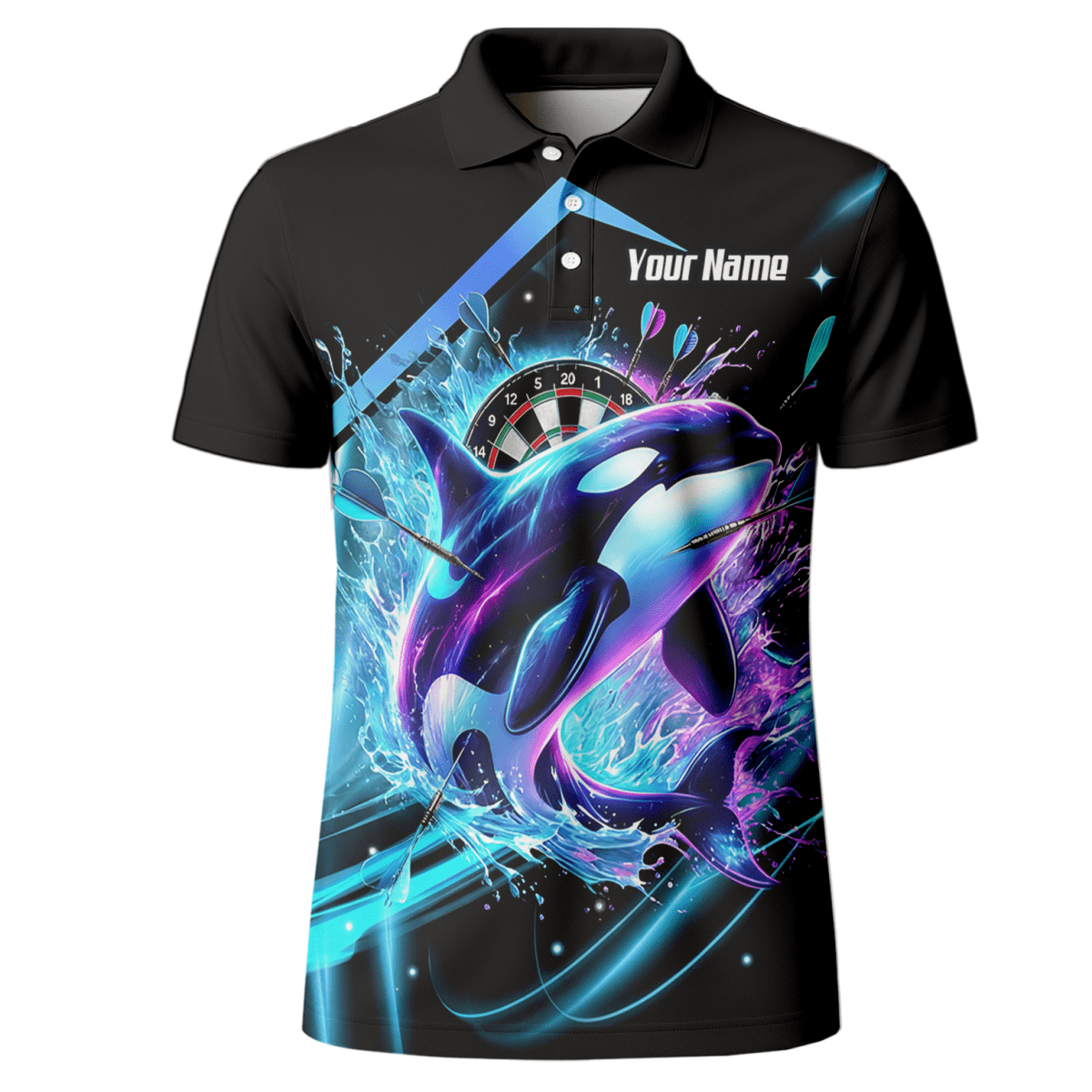 Personalisierte schwarze 3D - Orca - Darttrikot – Neon - Wellen - Design mit Namens - & Team - Personalisierung TH9379 - Outfitsuche