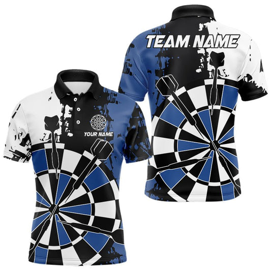 Personalisierte schwarze, blaue und weiße Grunge Darts Poloshirts – Individuelles Retro Team Darts Jersey N9525 - Outfitsuche