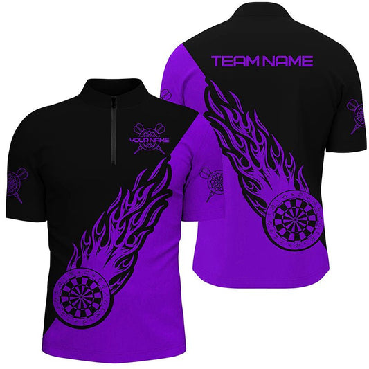 Personalisierte Schwarze Bowlinghemd mit lila Flammenmuster für Herren - Dart Trikot L1342 - Outfitsuche